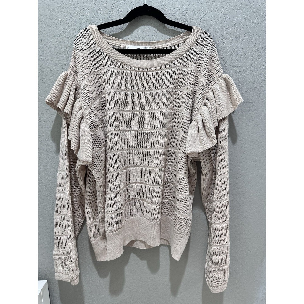 MNG Mango Women's Open Knit Ruffle Sleeve Sweater Beige Cream Size L